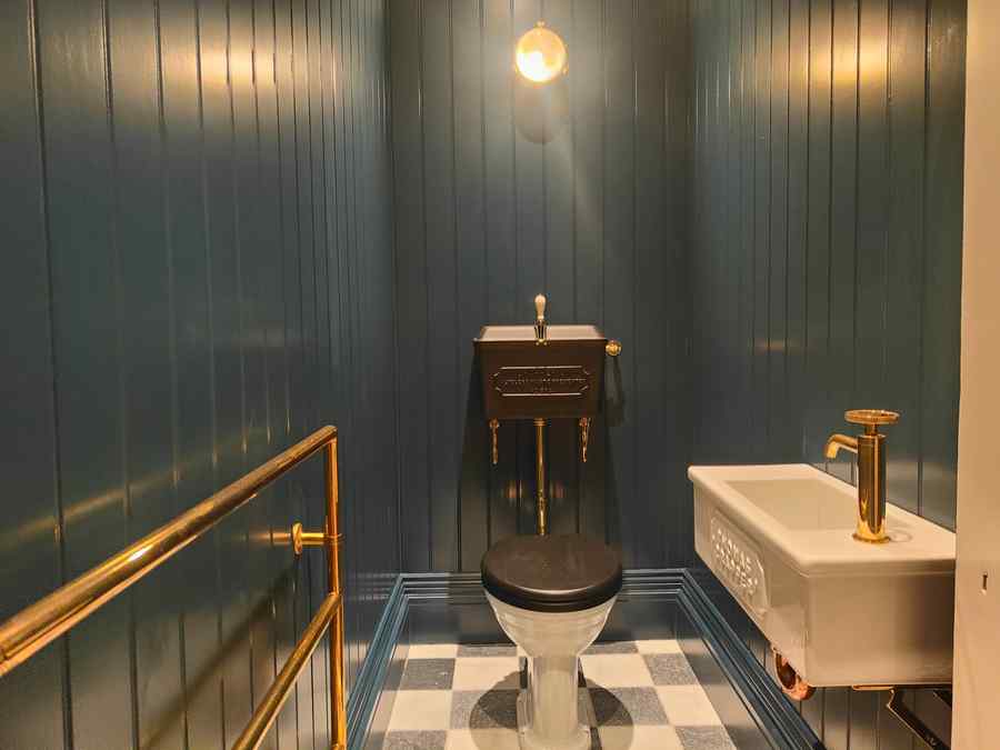 Boutique WC — brass fittings & checker floor